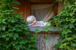 Granny on the green veranda of a village house.