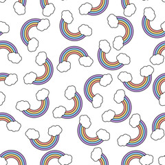 Poster - Abstract vector seamless pattern with rainbow on white background. Color image. Pattern with unicorn design. Rainbow with clouds in a flat style.