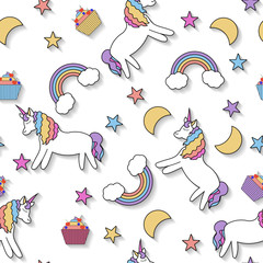 Poster - Abstract vector seamless pattern with rainbow, unicorns, clouds, stars, capkey, moons wiith shadow on white background. Color image. Pattern with unicorn design.