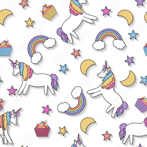 Abstract Vector Seamless Pattern With Rainbow Unicorns Clouds Stars Capkey Moons Wiith Shadow On White Background Color Image Pattern With Unicorn Design Buy This Stock Vector And Explore Similar Vectors At Unicorns and rainbows so often go together in different variations. abstract vector seamless pattern with
