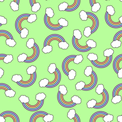 Poster - Abstract vector seamless pattern with rainbow on green background. Color image. Pattern with unicorn design. Rainbow with clouds in a flat style.