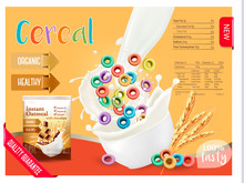 Milk Flowing Into A Bowl With Cereal. Design Element For Packaging And Advertising. Vector