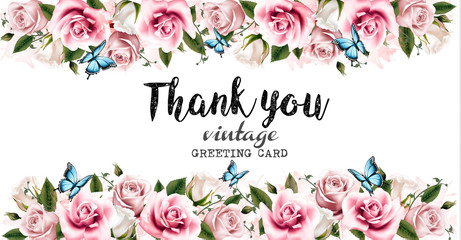 Poster - Natural vintage greeting frame with roses and butterfly. Vector.