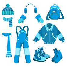 Blue Winter Clothes Collection With Backpack, Boots, Socks, Vector Illustration