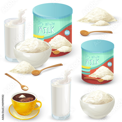 Vector set of cartoon illustration of milk powder in a closed aluminum
