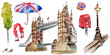 Watercolor London illustration. Great Britain hand drawn symbols: red phone booth, Big Ben clock, flag of Great Britain, Tower Bridge. Aquarelle elements for background, texture, wrapper pattern.