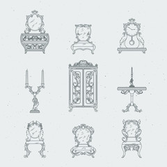 Canvas Print - Home antique furniture chairs, dresser, bedside table, mirror. Vector hand drawing illustrations in baroque style