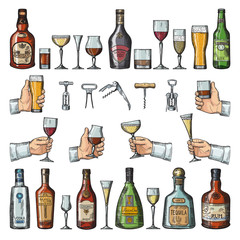 Wall Mural - set of alcoholic symbols. different drinking glasses, wine bottles and corkscrews. vector pictures i