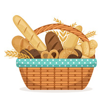 Vector Illustration For Bakery Shop. Basket With Wheat And Fresh Bread