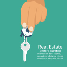 Hand Holding House Keys. Handing Key To Home. Vector Graphic Illustration Flat Design. Template For Sale, Rent Home. Isolated On White Background. Real Estate Agent. Property Gift.