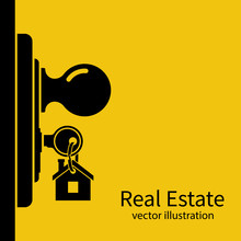Key In Keyhole On Door Silhouette. Real Estate Pictogram Concept, Template For Sales, Rental, Advertising. Sign On The Home Key. Vector Illustration Flat Design.