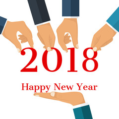 Wall Mural - Happy New Year 2018. Team businessmen holding numbers 2018, and text congratulations, greetings. Vector illustration. Isolated on white background.