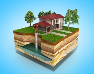 water well system The image depicts an underground aquifer 3d render on blue