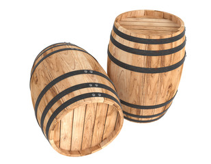 3D realistic render of two old light wood barrel. White background. Shadows. Clipping path