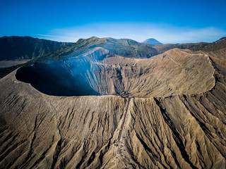 mountain bromo active volcano crater in east jawa, indonesia. top view from drone fly
