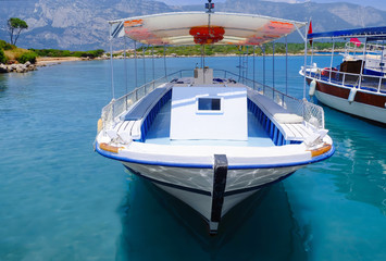 Poster - Modern boat on water in tropical resort