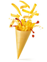 French Fries, Mayo And Ketchup Spilling Out Of A Paper Cone 