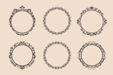 Decorative Round Vintage Frames And Borders Set. Victorian And Baroque Style Design. Elegant Royal-style Frame Shapes With Swirls For Labels,tags And Invitations. Vector Illustration.