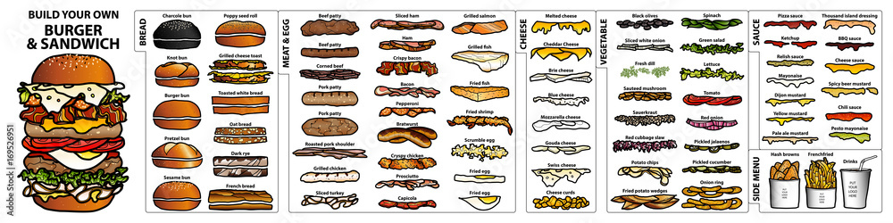 Set of isolated ingredients for build your own burger and sandwich. Cute hand drawn style in colorful and black outline on white background. - obrazy, fototapety, plakaty 