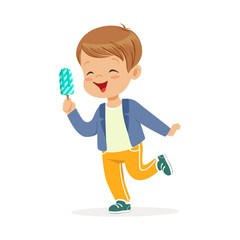 Sticker - Cute little boy character feeling happy with his ice cream cartoon vector Illustration