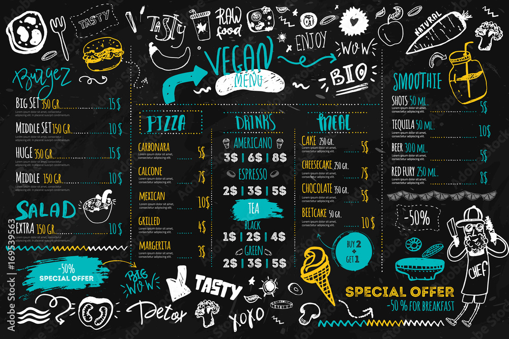 Vegan menu with hipster chef, doodle organic food and lettering. ecological concept on dark chalk board - obrazy, fototapety, plakaty 