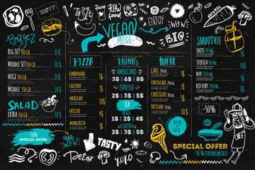 vegan menu with hipster chef, doodle organic food and lettering. ecological concept on dark chalk bo