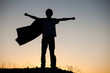 © Chepko Danil - Boy playing superheroes on the sky background, silhouette of teen superhero in a raincoat on the hill
