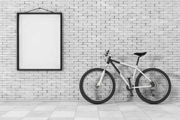 Poster - Black and White Mountain Bike in front of Brick Wall with Blank Frame. 3d Rendering