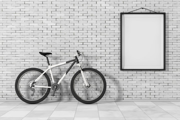 Poster - Black and White Mountain Bike in front of Brick Wall with Blank Frame. 3d Rendering