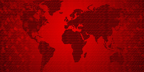 Binary code on world map background wallpaper. Red