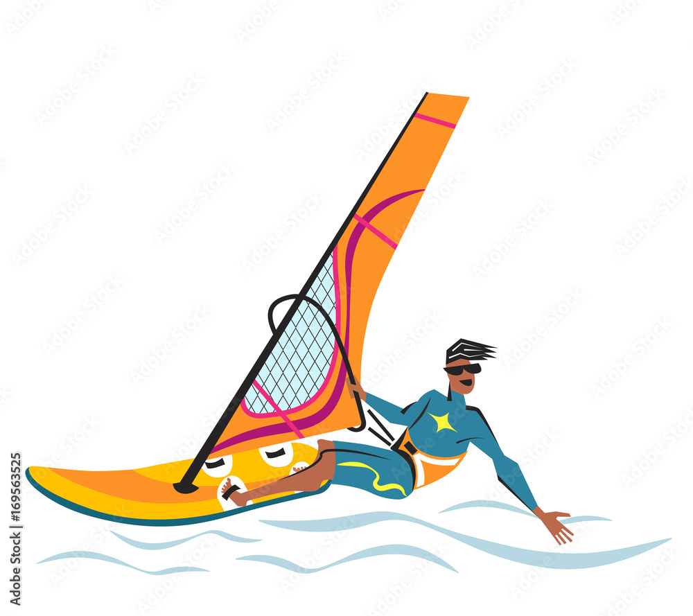 Summer water beach sports, activities. Orange board with a sail, wetsuit.  Man standing on the board learning to windsurf. Isolated windsurfer  training on the water. Extreme sport or windsurfing Stock Vector |, image size:1000x889
