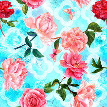 Seamless Pattern Of Watercolor Flowers And Butterflies On Blue