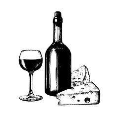 Wall Mural - Vector illustration of wine bottle, glass and cheese. Hand sketched food and drink set. Menu design for cafe, bar etc.