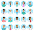 Doctors and nurses characters avatars set. Medical people icons of faces on a blue background.