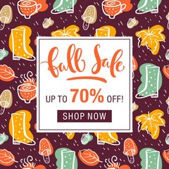 Wall Mural - Autumn sale flyer template with lettering. Bright fall leaves. Poster, card, label, banner design.