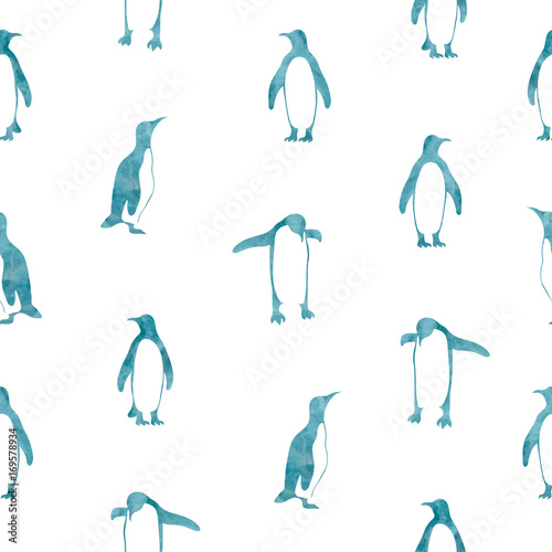 Cotton fabric Seamless watercolor blue penguins pattern. Vector background.