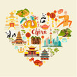 China landmarks vector icons set. Illustrated travel collection. Chinese travel attraction, isolated on white background. Heart silhouette, travel design