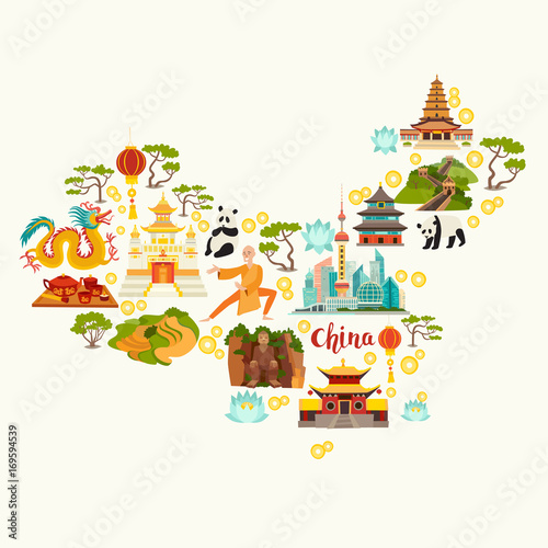 Fotomural China landmarks, map silhouette