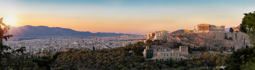 Fototapete - Panorama von der Akropolis und der Skyline von Athen bei Sonnenuntergang, Griechenland
