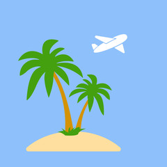 Stylized icon palm trees on an island in the ocean and a flying plane on background