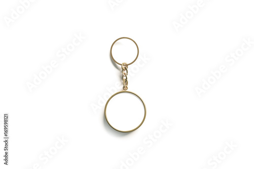Blank Gold Round White Key Chain Mock Up Isometric View Clear Golden Circular Keychain Design Mockup Isolated Empty Plain Keyring Souvenir Holder Template Steel Circle Trinket Label