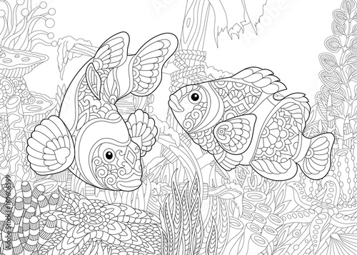 Coloring Page Of Underwater World Clown Fish On The