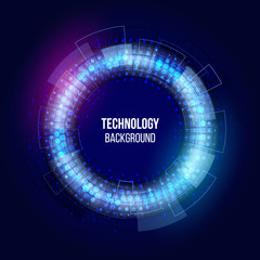 Abstract glowing technology circles with dots and binary code. Science vector illustration