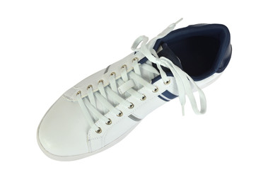 View from above of one white leather sneaker on white background