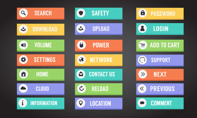 Computer buttons and icons with text. The main button for web site and internet. Flat design