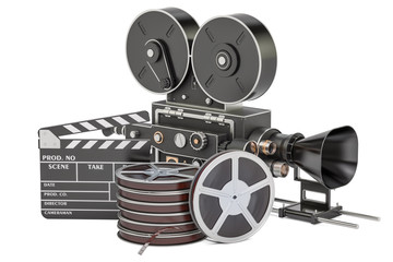 Poster - Cinema concept. Clapperboard with film reels and movie camera, 3D rendering