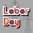 Labor Day Sale concept with hammer, gears, hands, high voltage posts and text on grey background.