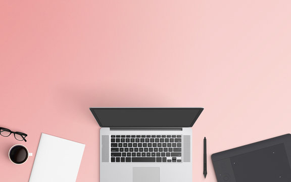Minimal workspace with laptop, coffee cup and graphic tablet copy space on color background. Top view. Flat lay style.