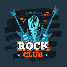 Vector Retro Rock Guitar And Microphone Music Club Vector Logo