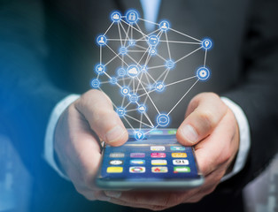 Poster - Business network connection displayed on a futuristic interface with technology icon - Worldwide business concept